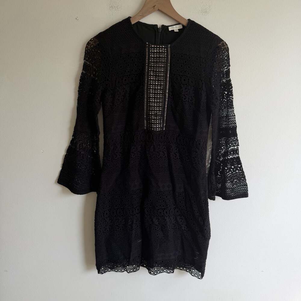 Shoshanna Black Cotton Lace Crochet Bell Sleeve Mini Dress Lined Sz 4 Whimsigoth